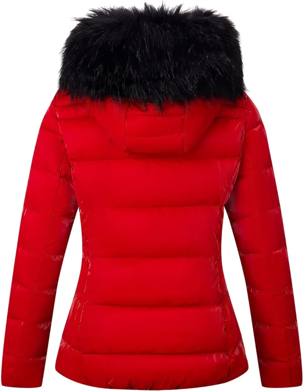Womens Lightweight Puffer Jacket, Winter Coats for Women Warm Quilted Bubble Padded Hood Coat with Faux Fur Collar