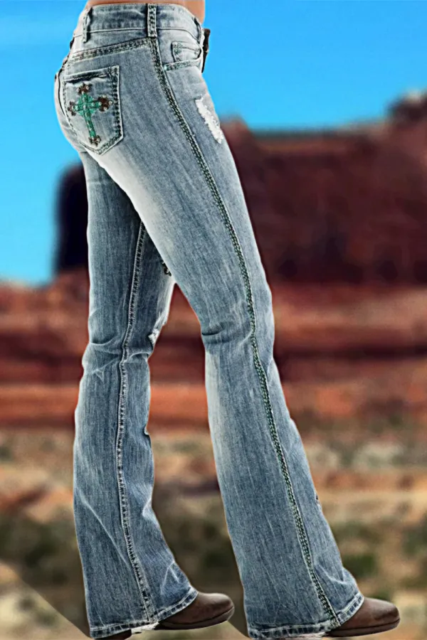 Cross Embroidery Studded Ripped Bootcut Jeans