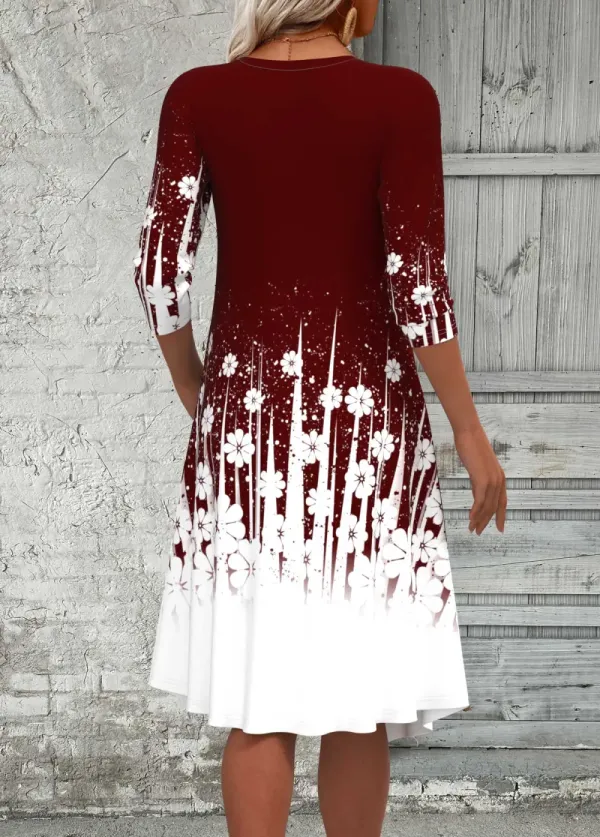 Wine Red Fake 2in1 Floral Print A Line Dress