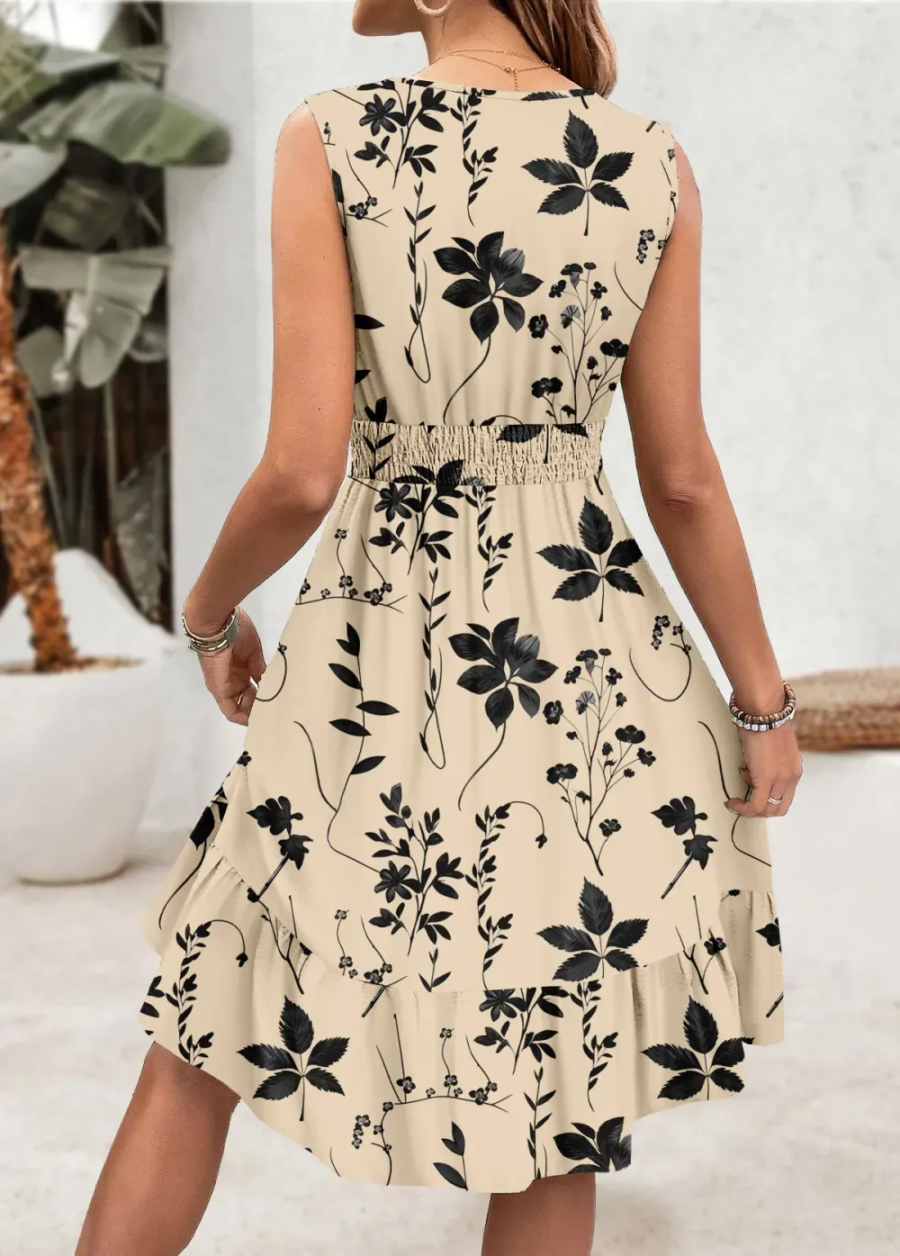 Beige Embroidery Floral Print Sleeveless V Neck Dress