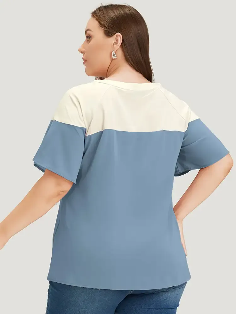 Anti-Wrinkle Two Tone Keyhole Raglan Sleeve Blouse