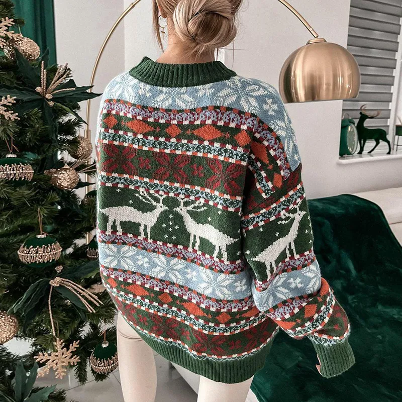Christmas Snowflake Animal Round Neck Long Sleeve Casual Sweater