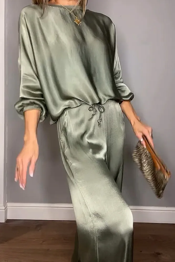 Women's Solid Color satin loose long sleeved top&Pants Two Piece Set