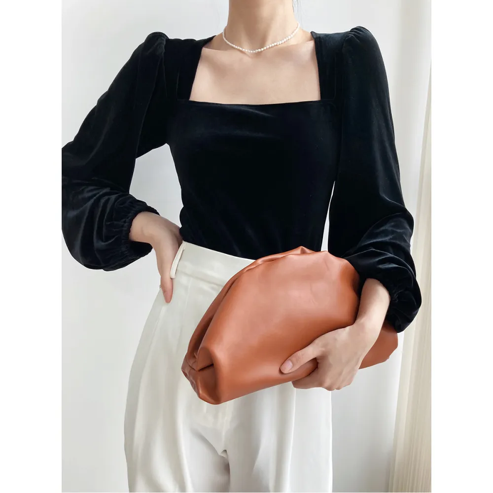 Black Velvet Square Collar Bubble Sleeve Blouse