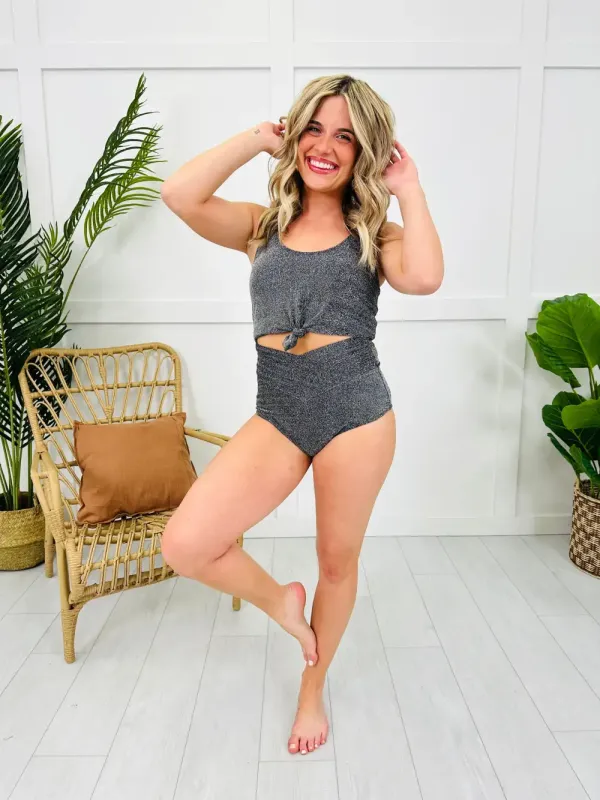 High Waisted V-Cut Swim Bottoms in Black Shimmer