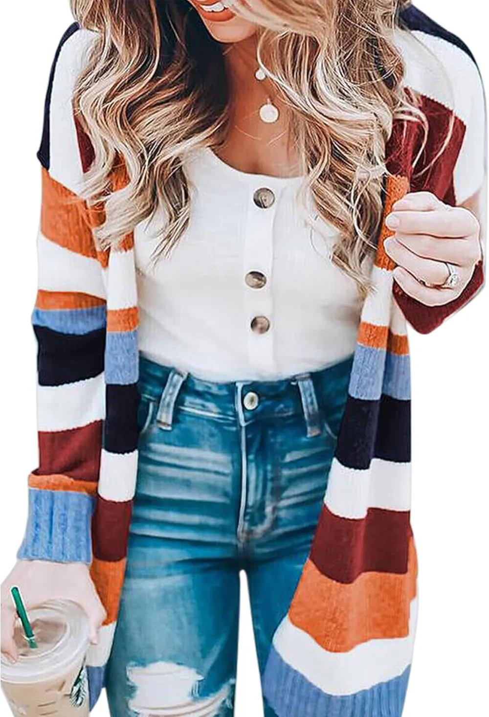 Cardigan Sweaters for Women Lightweight Fall Color Block Striped Long Sleeve Open Front Cozy Knitted Coats Outwear