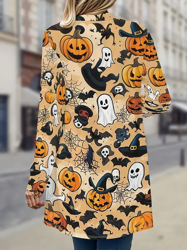 Halloween Women's Coat Lightweight Comfortable Pumpkin Print Vintage Artistic Casual Skull Casual Long Collarless Regular Fit Long Sleeve Outerwear Black White Pink Spring Fall