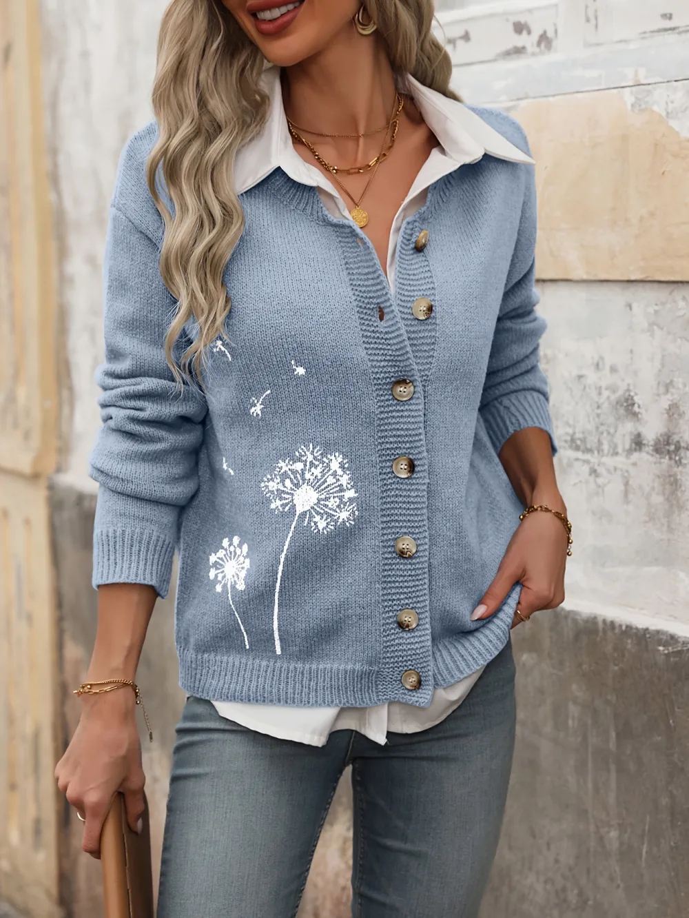 Vibrant Dandelion Pattern Button-Up Cardigan - Soft, Cozy, Long Sleeve Sweater for Fall & Winter - Women's Casual Clothing for Everyday Wear