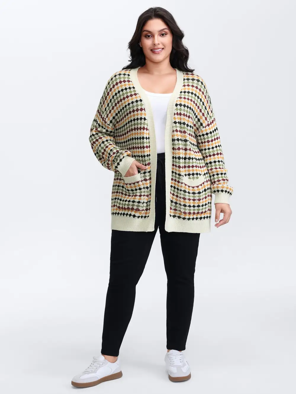 Colorful Dots Open-Front Pockets Knit Cardigan