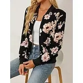 Women's Casual Jacket Comfortable Zipper Fashion Daily Modern Floral School Outdoor Vacation Home Regular Baseball Collar Regular Fit Long Sleeve Outerwear White Spring Fall