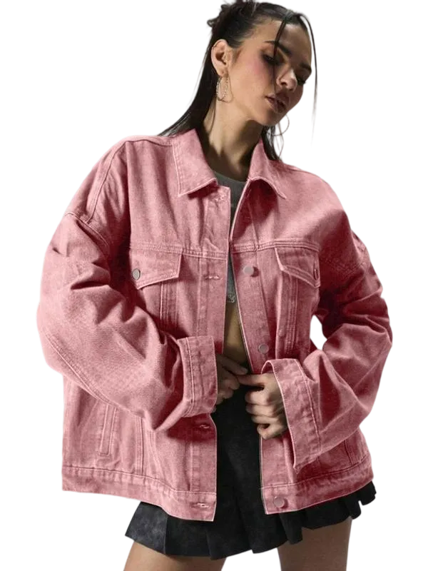 Women's Plain Button Front Drop Shoulder Denim Coat, Casual Fitted Long Sleeve Collared Pocket Outerwear for Daily Wear