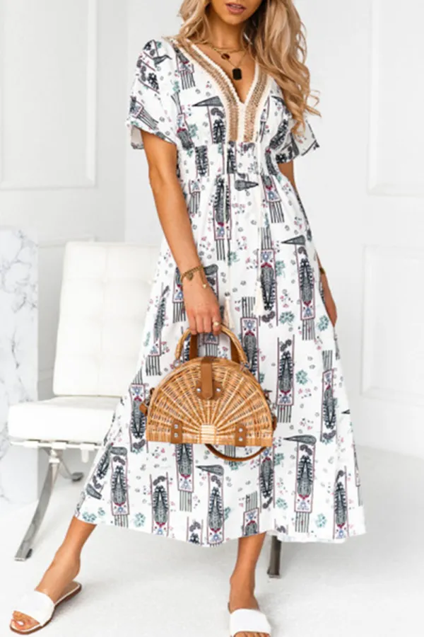 Fashion Elegant Print Tassel Split Joint V Neck A Line Dresses