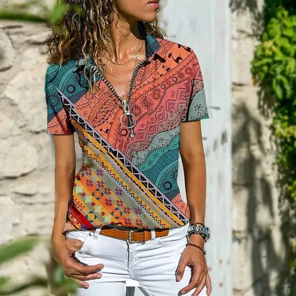 Women‘s Blouse T shirt Zipper Print Multi Color Tropical Shirt Collar T-shirt Sleeve Regular Spring &  Fall Pattern 5 Pattern 7 Pattern 8