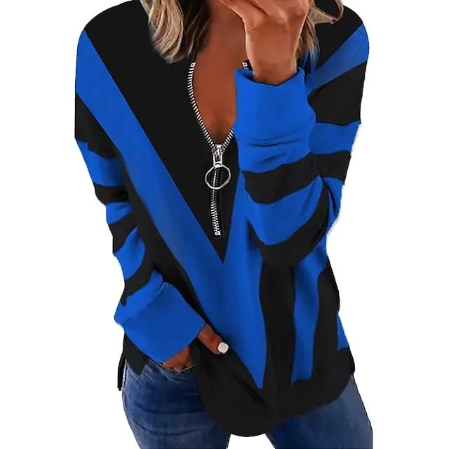 Women's Sweatshirt Pullover Streetwear Basic Zipper White Blue Purple Color Block Abstract Casual V Neck Long Sleeve Spring &  Fall Fall & Winter