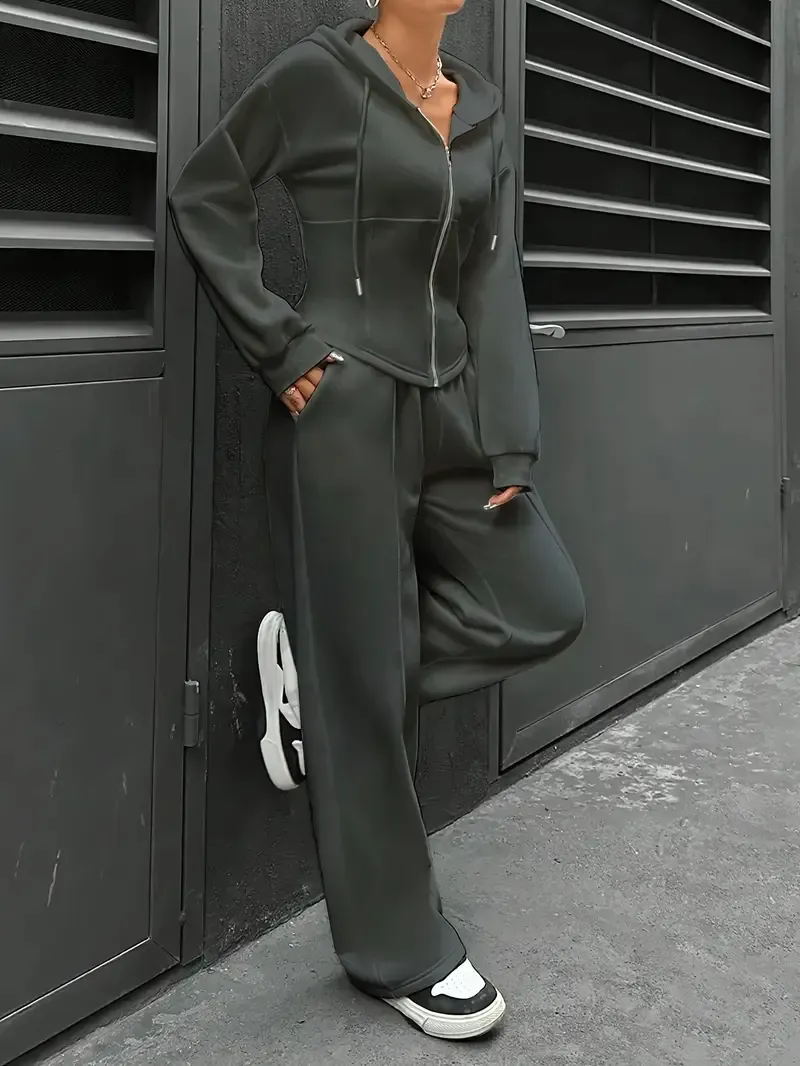 [All Seasons Polyester Hooded Tracksuit] Women'S Elegant Solid Color Polyester Hooded Tracksuit Set with Drawstring and Zipper Details – Knit Fabric Pantsuit for All Seasons