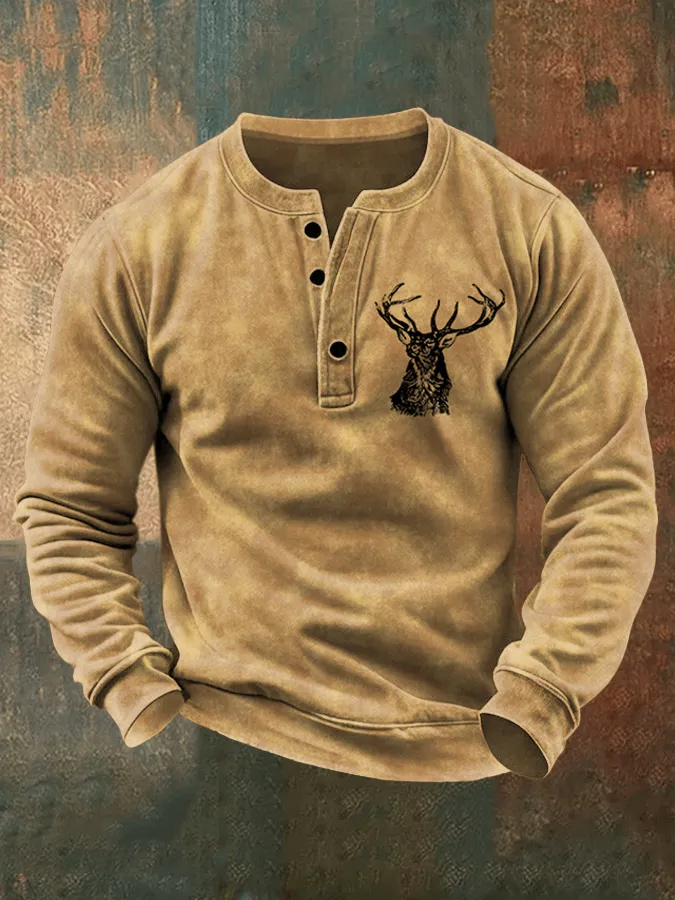 Men's Vintage Western Elk Print Henley Neck Sweatshirt