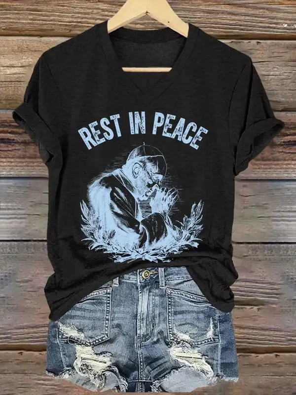 Women's Rest In Peace 1936-2025 Print Short Sleeve V-Neck Cotton T-Shirt