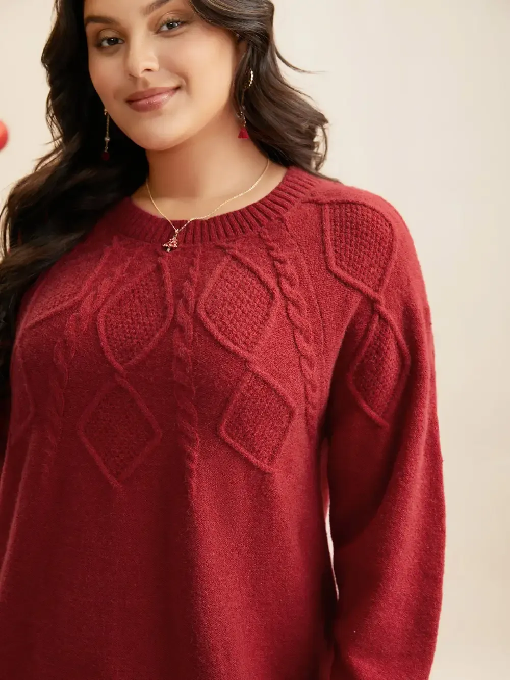 Cable Knit Bodice Crew-Neck Pullover