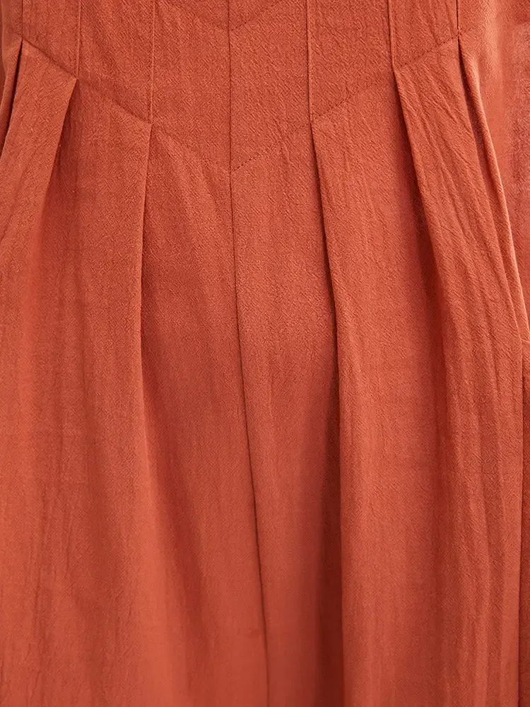 Solid Pleated Detail Pocket Knotted Shoulder Overall Jumpsuit