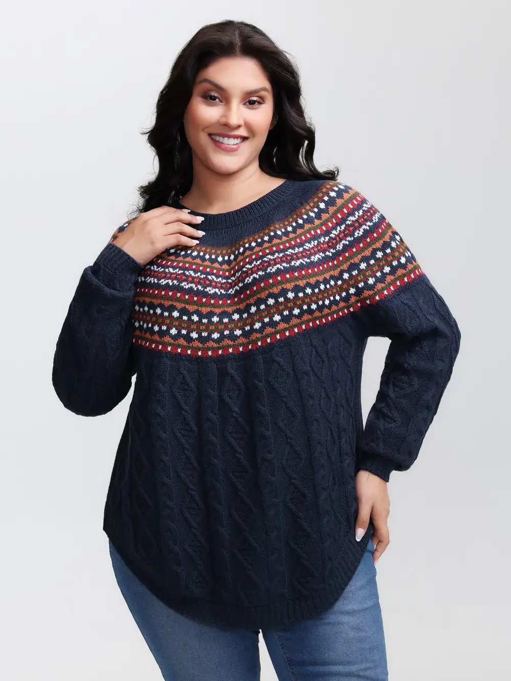 Cable Knit Boho Print Curvy Hem Pullover
