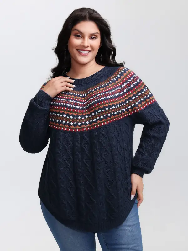 Cable Knit Boho Print Curvy Hem Pullover