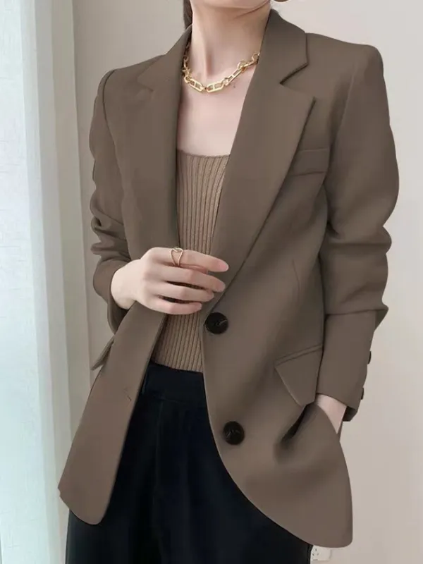 Lapel Collar Long Sleeve Plain Buckle Regular Loose Blazer For Women