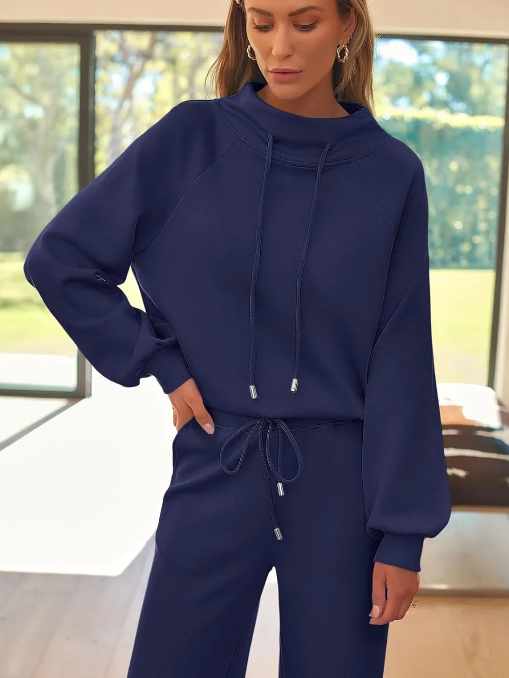 Lounge Sets for Women Sweatsuits 2 Piece Outfits 2024 Fall Drawstring Sweatshirt Wide Leg Sweatpants Tracksuit