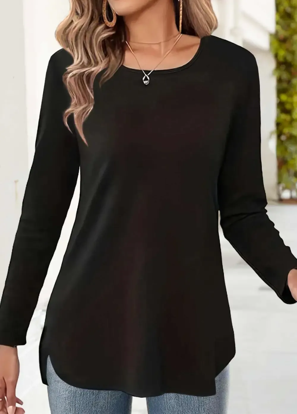 Black 3/4 Sleeve Square Neck T Shirt