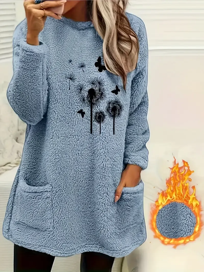 Chic & Cozy Dandelion-Butterfly Print Crew Neck Sweatshirt - Casual, Warm Winter Essential with Pocket