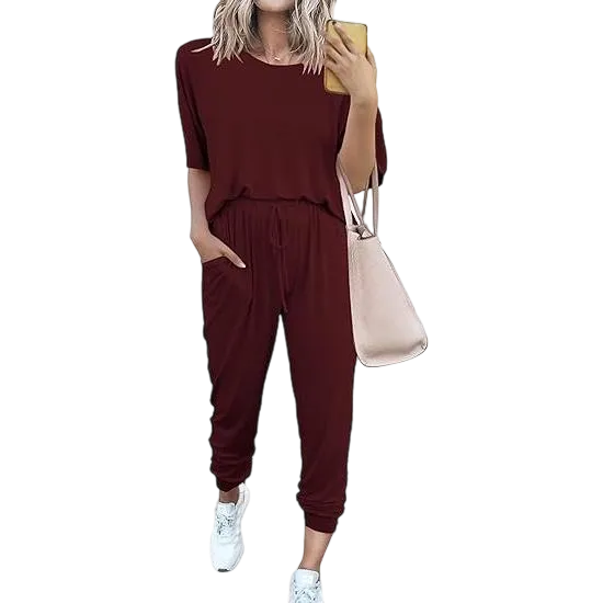 Women’s 2-Piece Summer Lounge Set, Short Sleeve Crew Neck Top & Drawstring Joggers with Pockets, Comfy Tracksuit