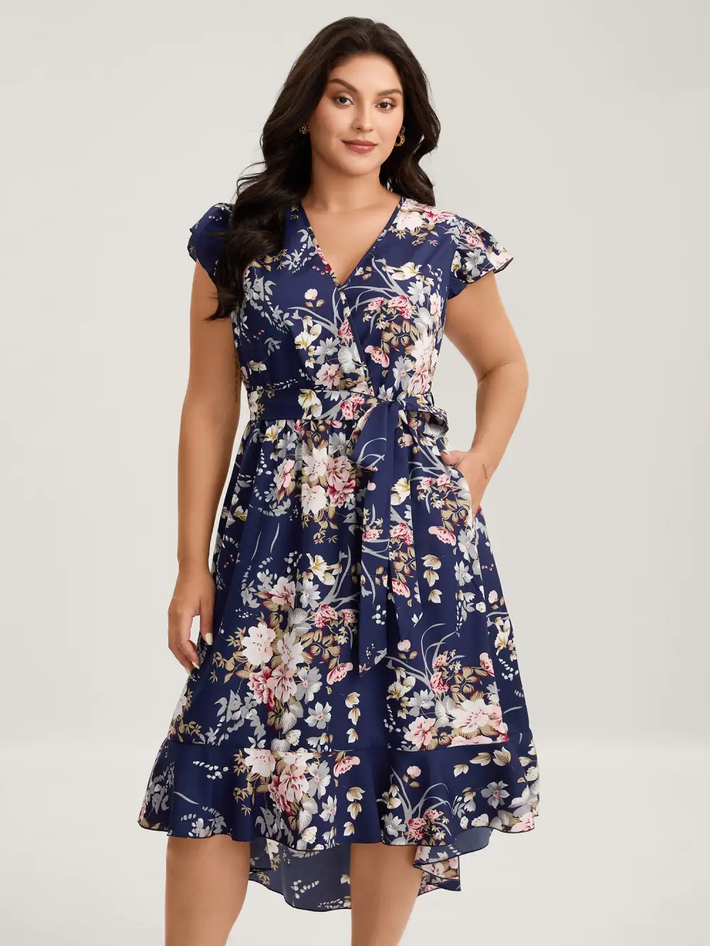 Midnight Blooms Wrap A-Line Midi Dress