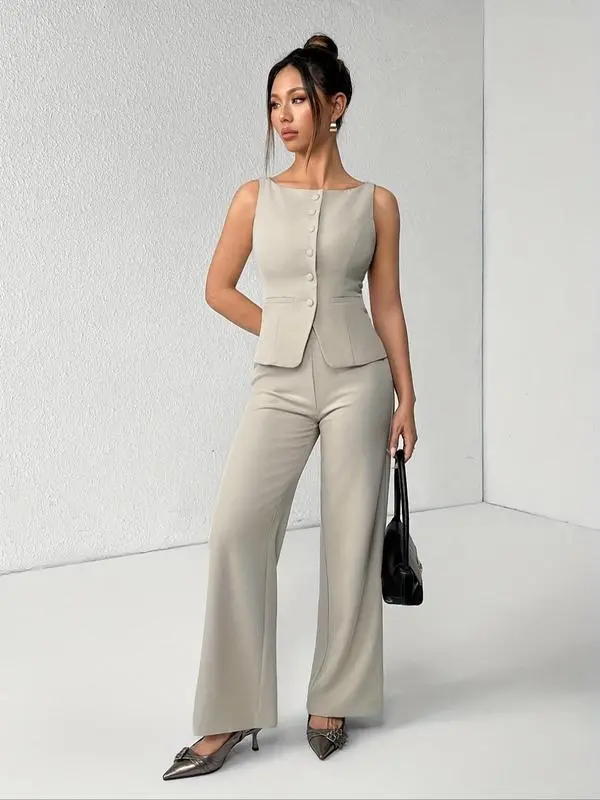 Women's Summer Two-Piece Set – Button Tank Top & Wide Leg Pants