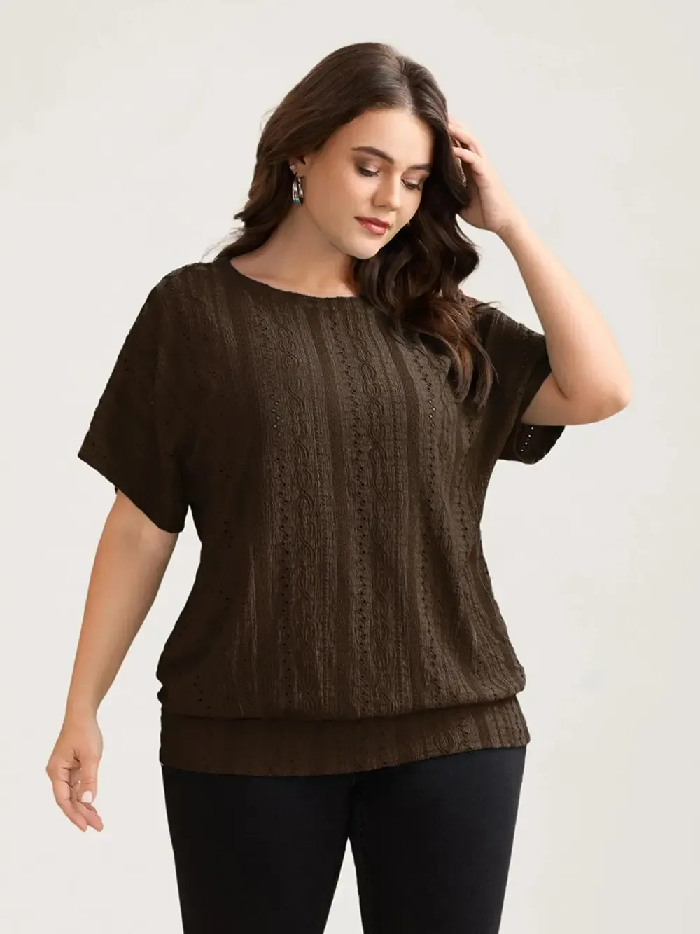 Eyelet Trim Stretchy Textured Plain Top