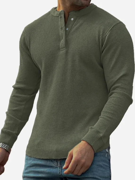 Men's Textured Waffle Trend Long Sleeve Lapel Henley