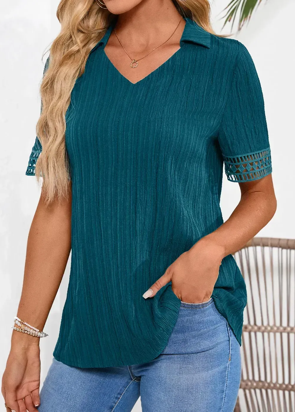 Peacock Blue Lace Short Sleeve Shirt Collar Blouse