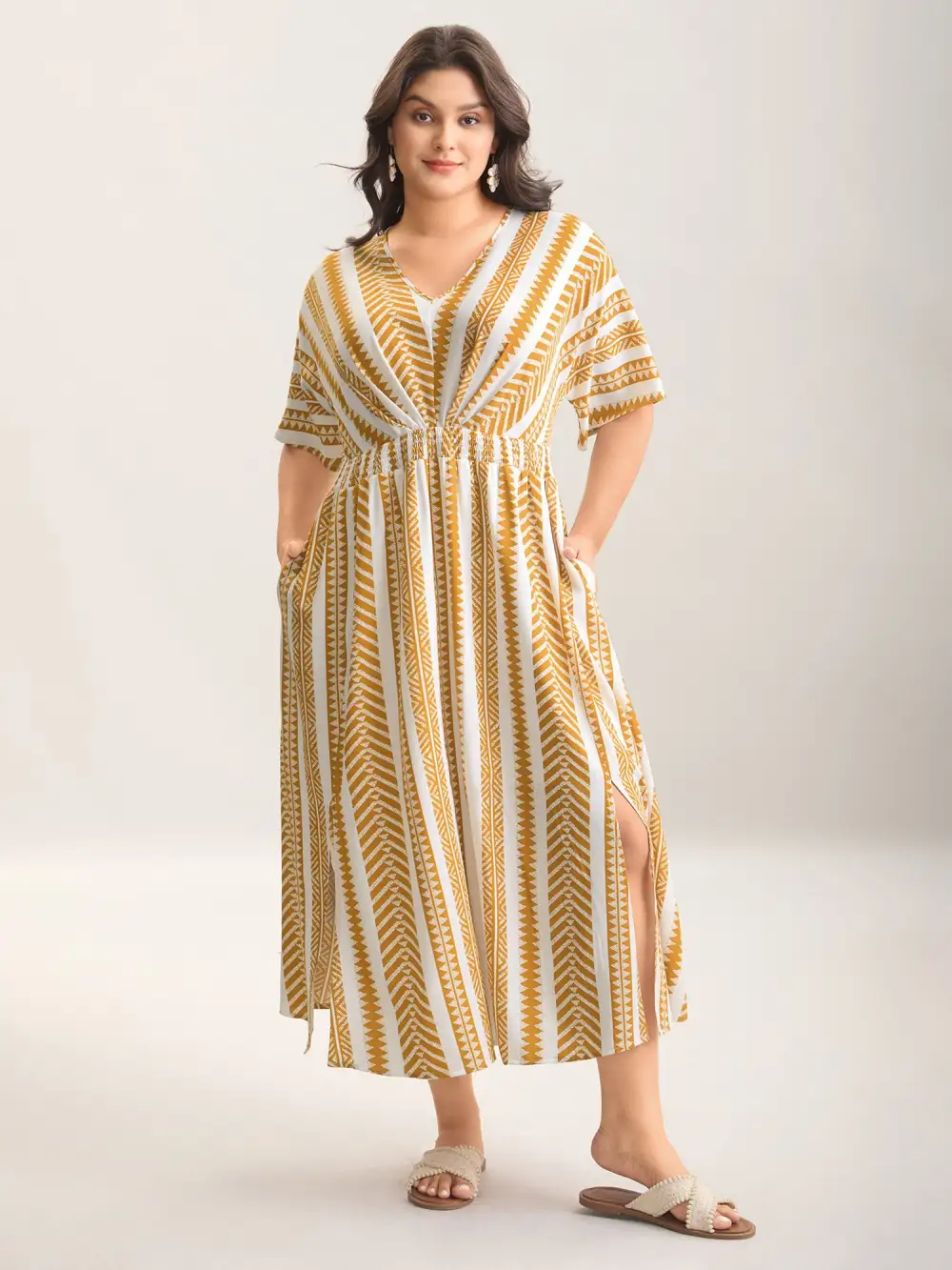 Solid Geometric Dolman Sleeve Pocket Shirred Split Hem Dress