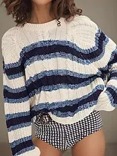 Women's Sweater Pullover Fashion Streetwear Striped Cable Crew Neck Knitted Long Sleeve Regular Tops Knit Holiday Going out Weekend Yellow Purple Fall Winter
