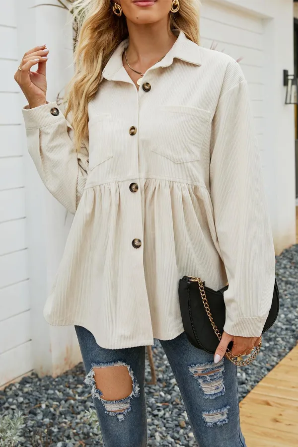 Casual Pocket Design Pleated Corduroy Top