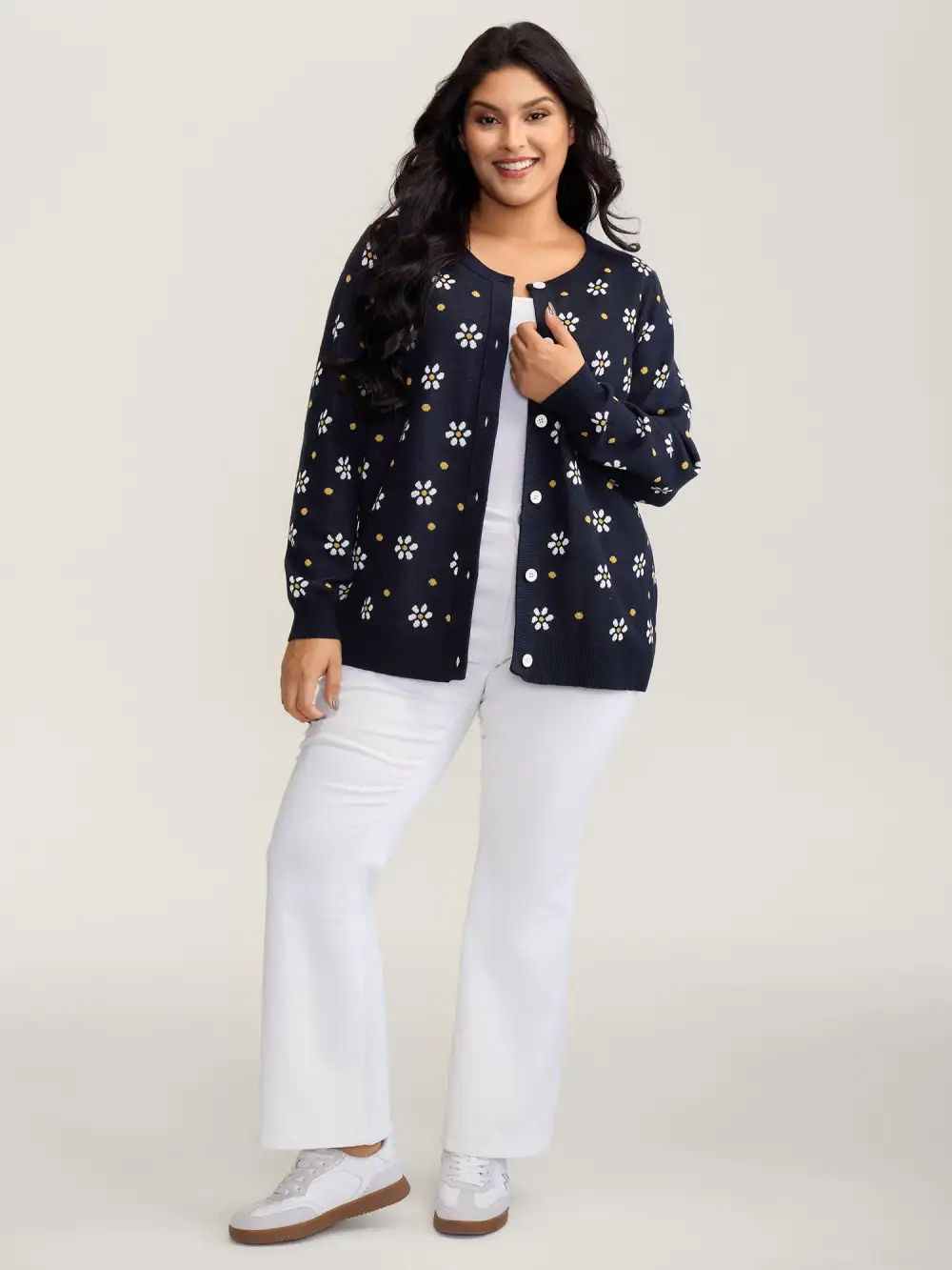 Floral Polka Dot Print Button Knit Cardigan