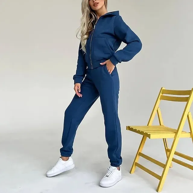 Women's Tracksuit Sweatsuit Pocket 2 Piece Solid Colored Hoodie and Pants Outfit Set Clothing Suit Fall Black White Jogging Training Exercise Thermal Warm Soft Moisture Wicking Long Sleeve Sport