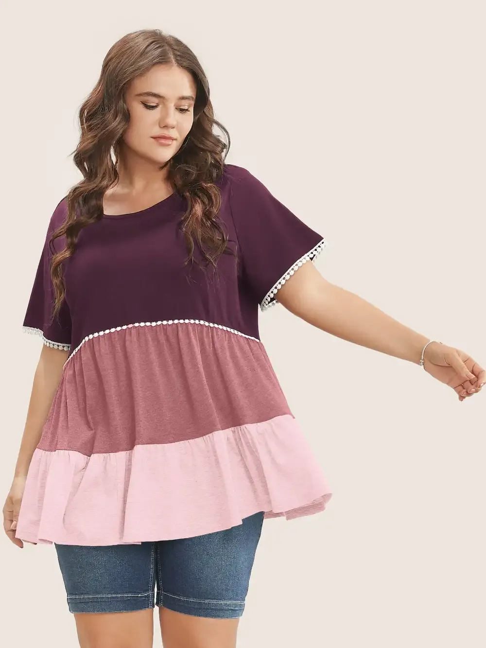 Colorblock Contrast Ruffle Tiered T-Shirt