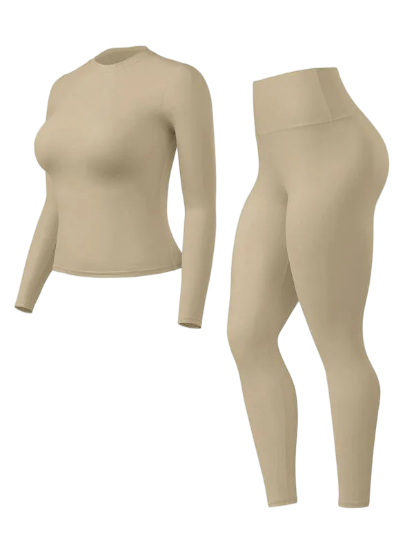 Women's Solid Long Sleeve Tee & High Waist Leggings Sportswear Set