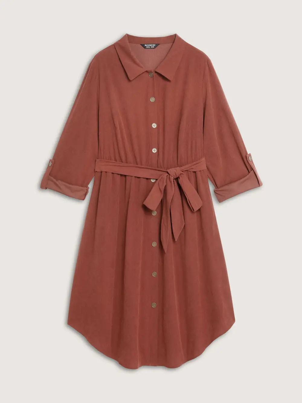 Corduroy Tab Sleeve Belted Midi Dress