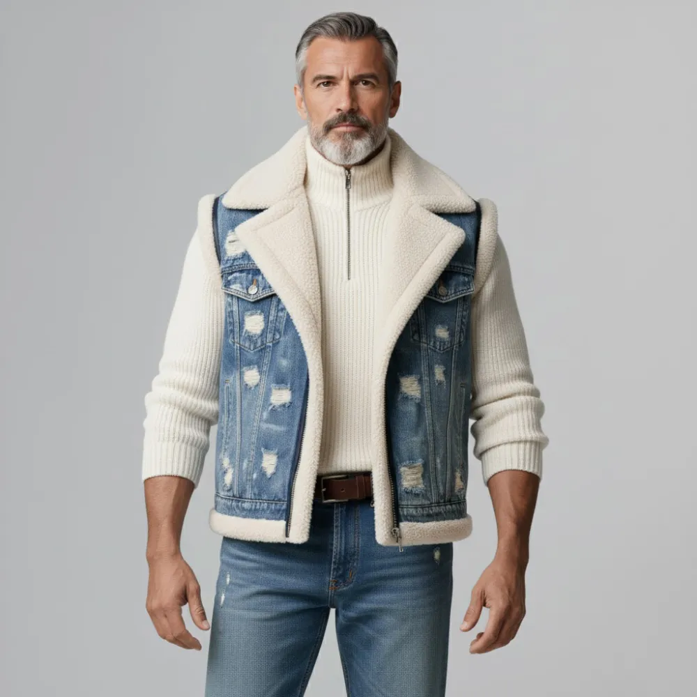 Men's Blue Notched Lapel Ripped Denim Plush-Lined Zipper Vest