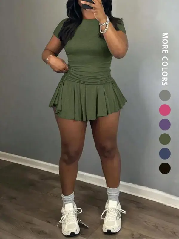 Casual Summer Skirt Set for Women – Tee & Pleated Skirt