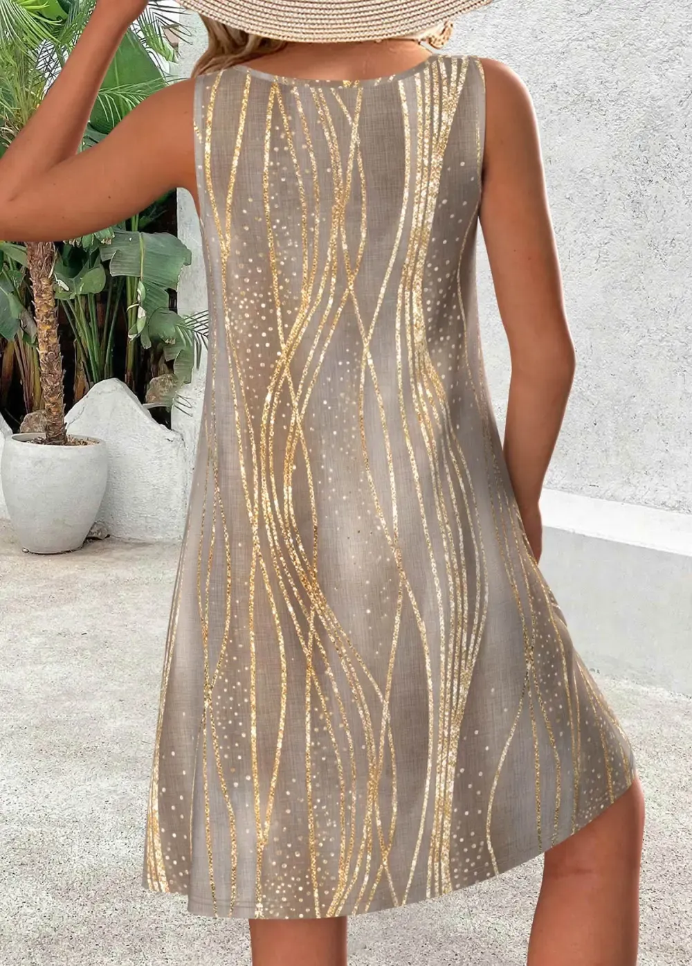 Gray Brown Moire Print Sleeveless Round Neck Dress