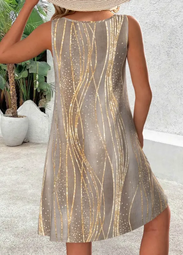 Gray Brown Moire Print Sleeveless Round Neck Dress