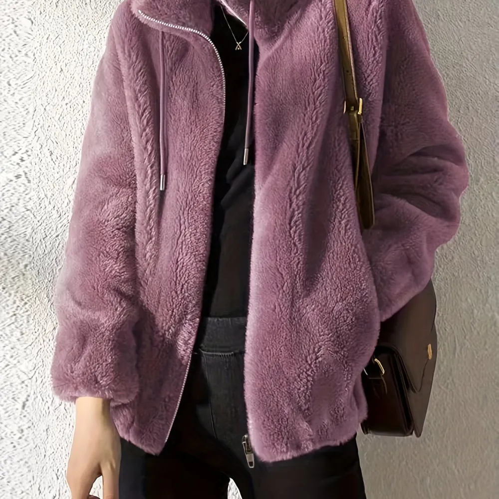 Furry Teddy Drawstring Coat - Women's Fur Outerwear, Casual Long Sleeve Zip Up Warm Jacket with Soft Plush Lining, Perfect for Winter Daily Wear