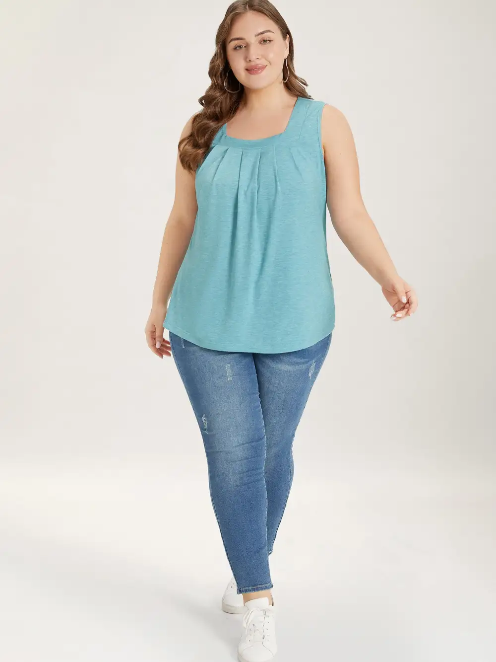 Heather Plicated Detail Square Neck Tank Top