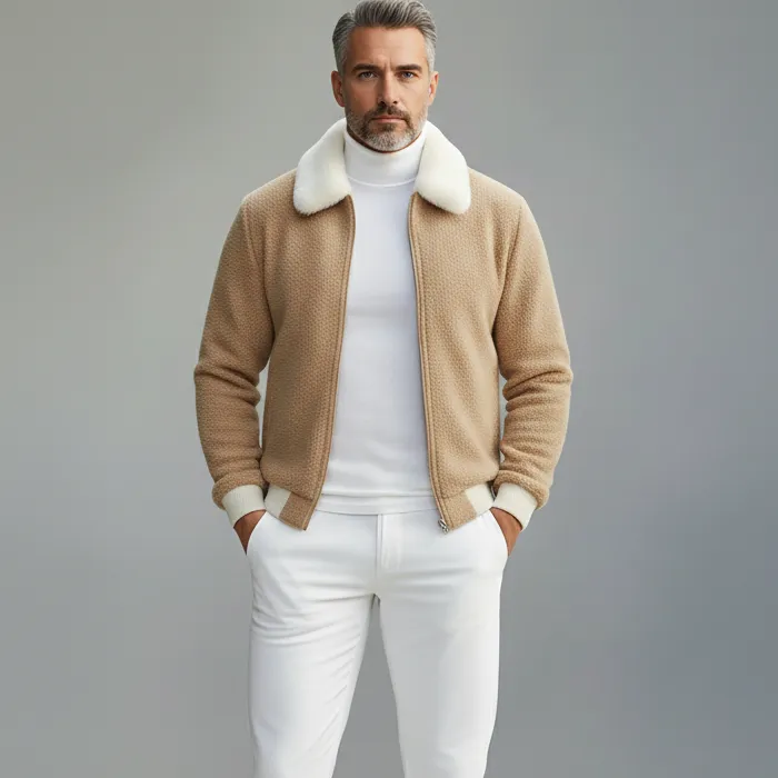 Men's Camel Furry Collar Long Sleeve Pockets Sherpa Zip-Up Jacket